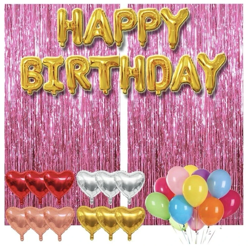 77Pcs Pink Happy Birthday Party Decorations Kit, Happy Birthday Banner, Pink Str